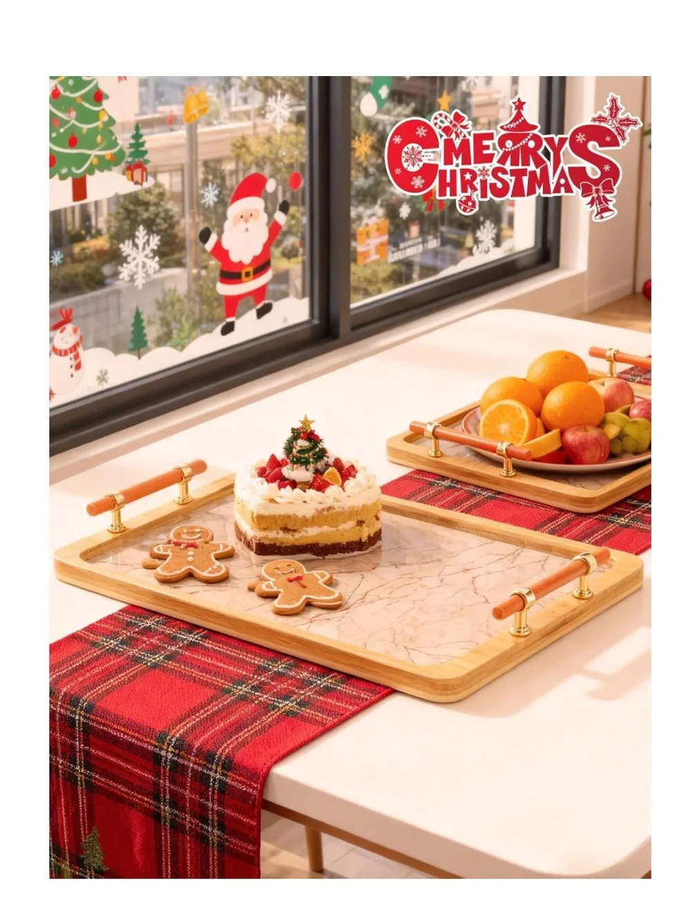 Bamboo Serving Tray with Handles - Decorative Marble Pattern